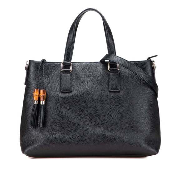 GUCCI Authentic Black Leather Bamboo Shoulder Bag - Picture 1 of 10
